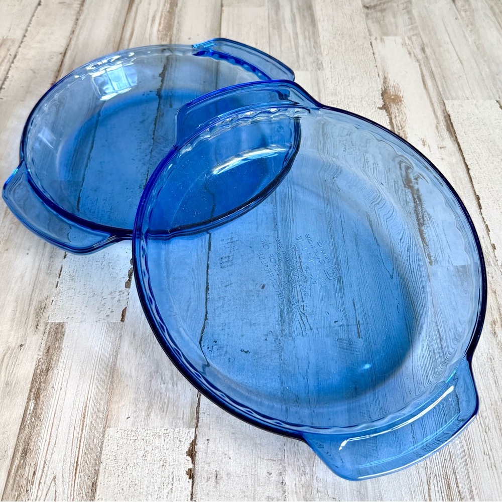 PAIR of Anchor 9” cobalt glass pie pans